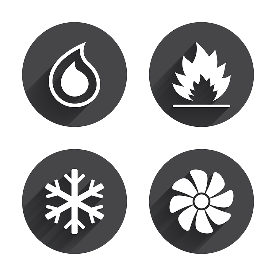 HVAC icons. Heating, ventilating and air conditioning symbols. Water supply. Climate control technology signs. Circles buttons with long flat shadow. Vector