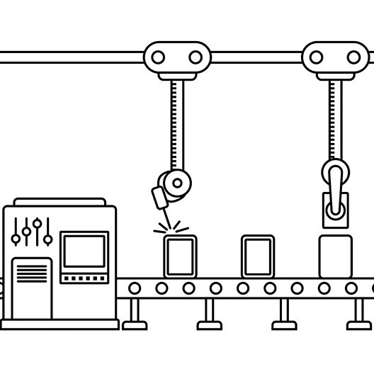 Thin line style assembly line. Automatic production conveyor. Robotic industry concept. Vector illustration.